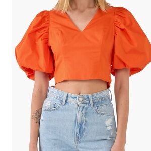 Endless Rose Cotton Open Tie Back Puff Sleeve Crop Top